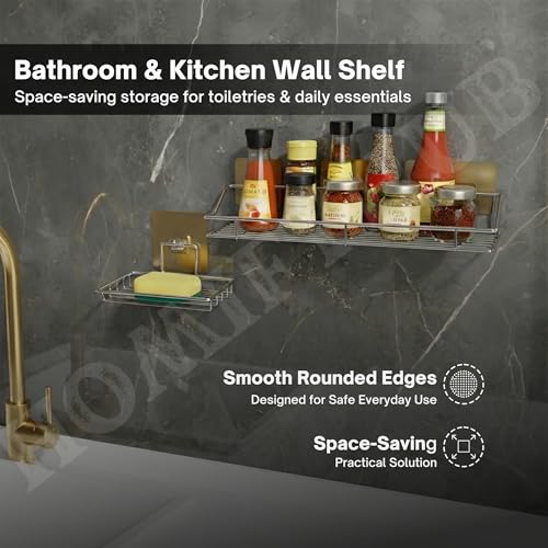 Image of Dueset Bathroom Shelves & Kitchen Organizer Rack | No Drill Stainless Steel Self Adhesive Wall Shelf Combo of 1 Wall Shelf & 2 Stickable Soap Holders with Drain Tray (Silver, Pack of 3)