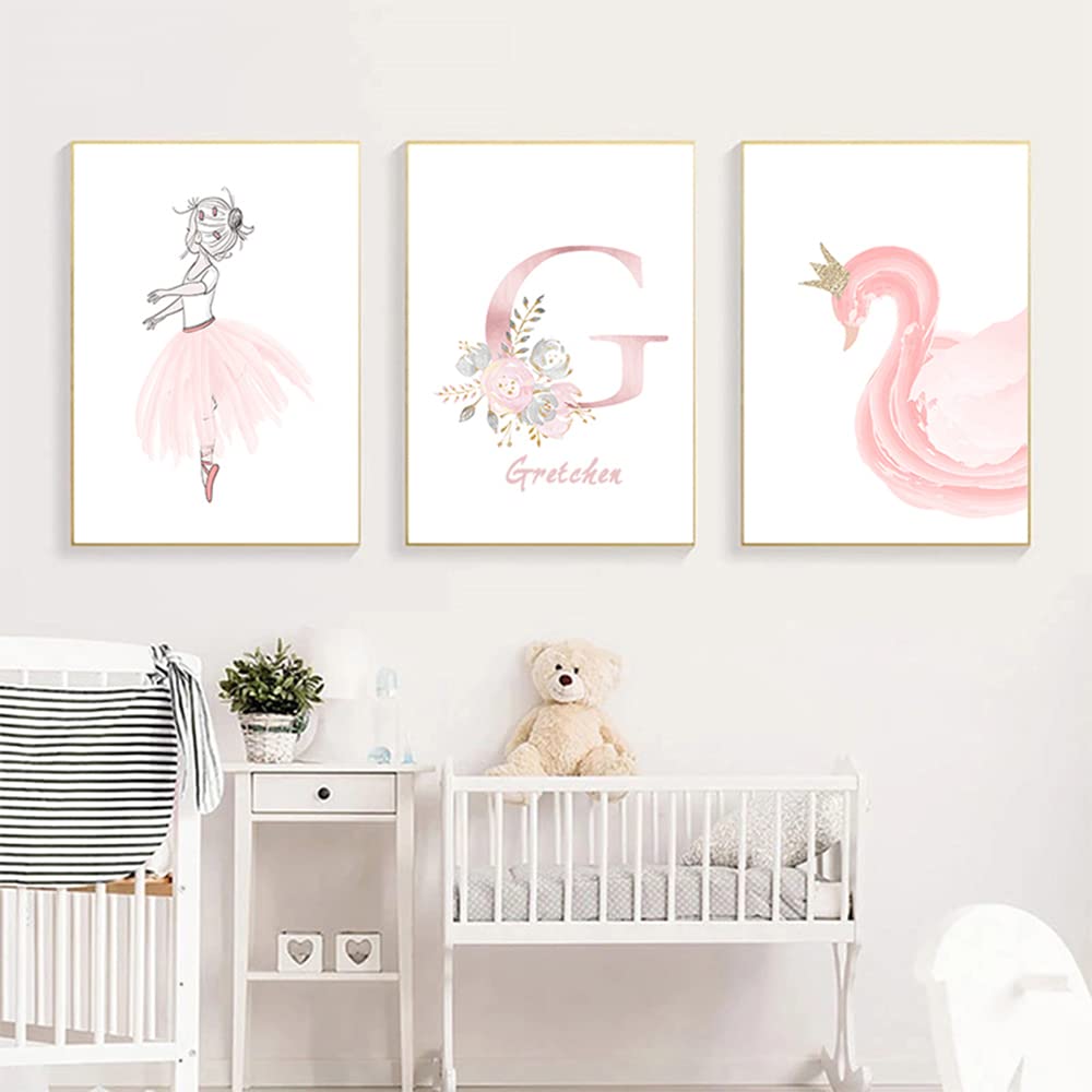 Youihom 3 Affiches Chambre Bebe Fille Cygne Rose Tableau 30x40 Poster Prenom Personnalisé Mural Enfant Deco sans Cadre