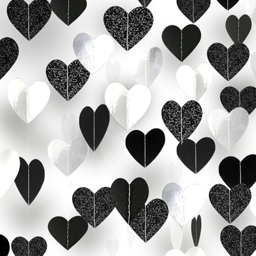 Image of Black White-Silver Party-Decorations Streamers Heart Garland - 39Ft Graduation Men 21st Birthday Hanging Paper Banner,Baby Bridal Shower Wedding Engagement Bachelorette Backdrop Party Supplies Decor