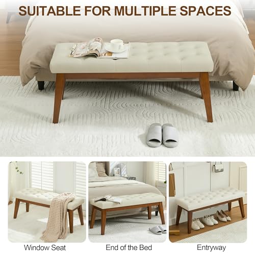 Image of 43.5'' Faux Leather Bedroom Bench, Upholstered End of Bed Bench with Tufted Button, Padded Vintage Dining Bench, Entryway Bench with Solid Wood Legs, Kitchen, Living Room, Hallway, Beige Tufted