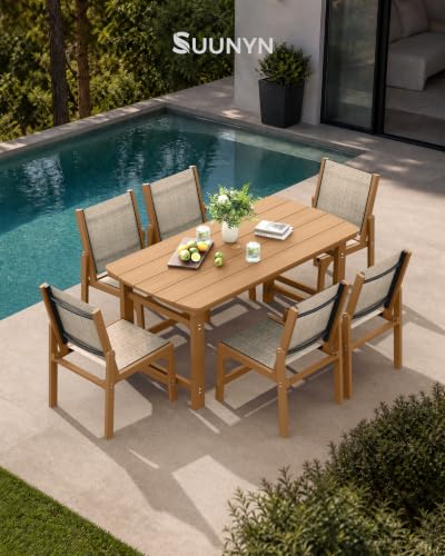 Image of HDPE Outdoor Patio Dining Set with Table & 6 Stackable Armless Textilene Chairs, All-Weather 7-Piece Dining Table Set with Umbrella Hole, Patio Furniture for Garden, Poolside, Backyard, Deck | Teak