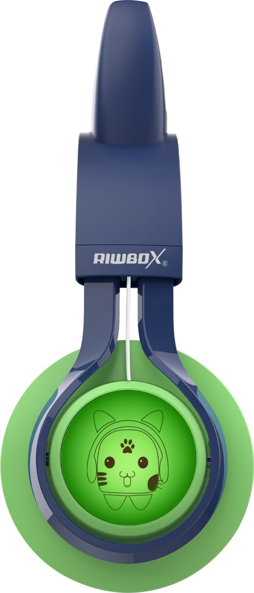 Riwbox CT-7S, cuffie Bluetooth per bambini, con orecchie di gatto, con luce LED, limitazione del volume di 85 dB, sovrauricolari con microfono per laptop/PC/TV (verde e blu navy)