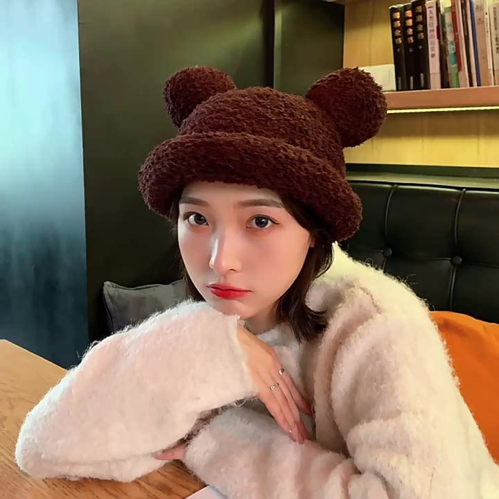 Bear Ear Hat, Cute Crochet Plush Braided Knit Caps Bucket Hat Fisherman Warm Snowboarding Winter for Christmas Winter Girl (Coffee)