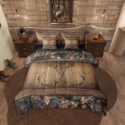 Erosebridal 7 Piece Rustic Lake Cabin Comforter Set with Sheets Farmhouse Fishing Bedding Set Twin Tree Branches Camo Fish Hook Bed in A Bag for Kids Boys Teen Men Country Camouflage Bed Set