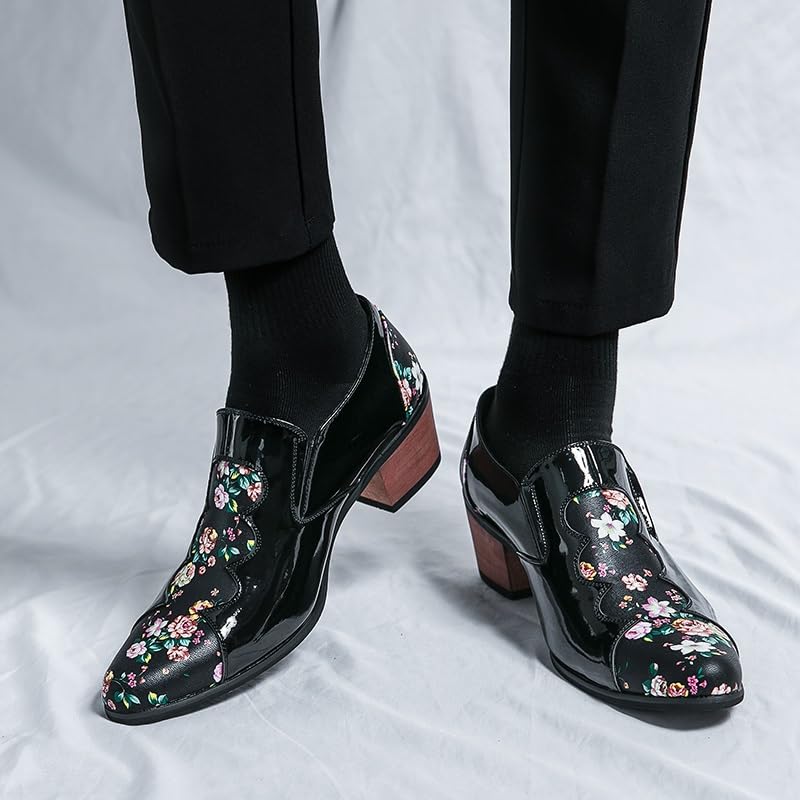 Dress Formal Shoes for Men Slip On Pointed Toe PU Leather Patchwork Floral High Heel Anti-Slip Non Slip Resistant Low Top Outdoor3