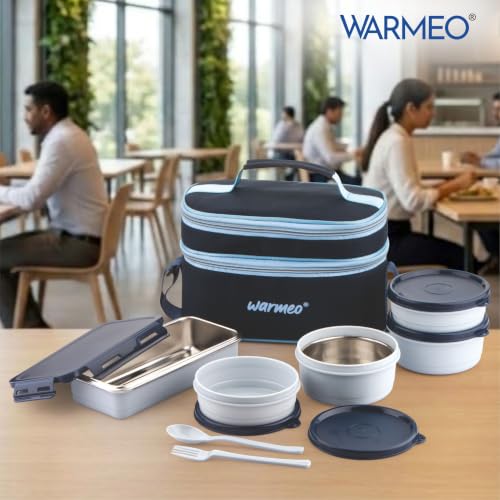 Image of WARMEO Micro Meal Microwave Safe Lunch Box | 1 Rectangular Container 600ml + 2 Round Containers 350ml Each + 2 Round Container 250ml Each + 1 Spoon + 1 Fork,Stylish Durable Jacket,Office,School,Blue
