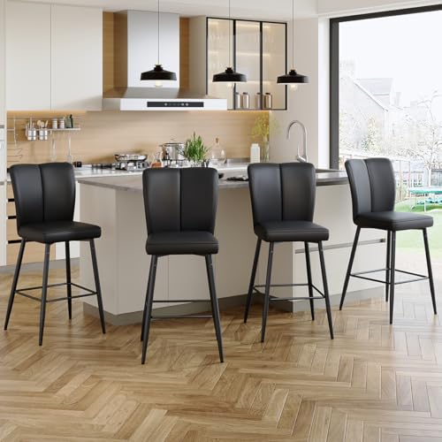 Image of Counter Height Bar Stools Set of 4 - Kitchen Island Stools with Back,Black Barstools with Sturdy Metal Legs,Modern Bar Stools Ideal for Kitchen Island Pub Cafe(27'' Faux Leather-Black)