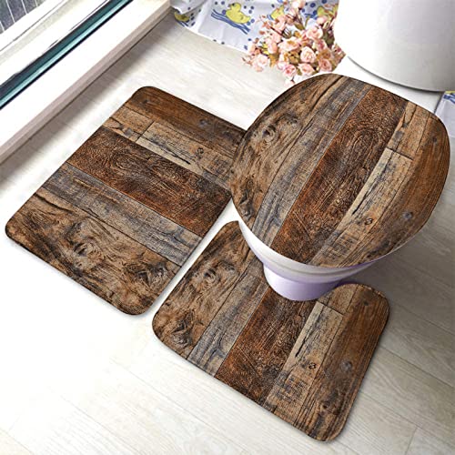 Badezimmerteppich-Set, 3-teilig, Vintage-braunes Holzspleißmuster, waschbare Badteppiche, rutschfest, mit Rückenpolster, Konturteppich und Toilettendeckelbezug