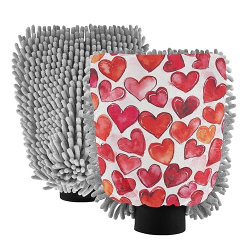 Cartoon Cute Love Hearts Microfiber Mitt for Cars 11.8'' Car Clean Gloves Non Scratch Clean Sponges for Cleaning Wash