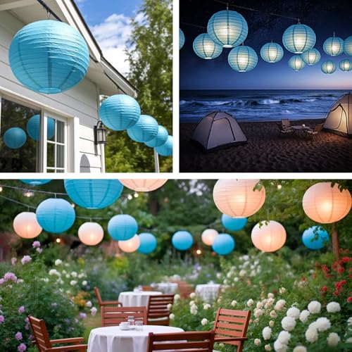 Image of Blue Chinese Paper Lanterns with LED Lights, 10-Pack 10inch | Hanging Lights for Baby Boy Shower, Beach Party, Birthday Decorations, Ceiling Decor & Home Party