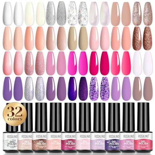 ROSALIND 32 PCS Esmalte Semipermanente, 28 Colores Pintauñas Semipermanentes con Base Coat Top Coat Matte Primer, UV LED Esmalte de Uñas Semipermanentes Blanco Nude Rosa Violeta Mini