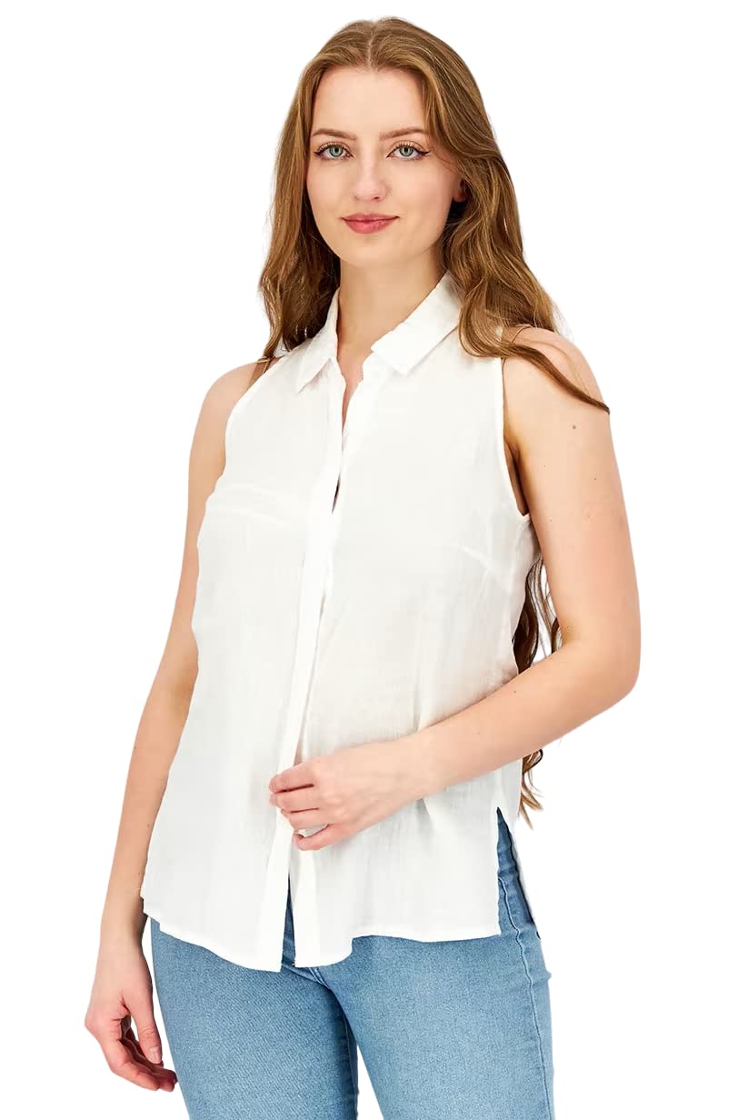 EDC Women Spread Collar Sleeveless Button Down Top, White By Masterly Clothes