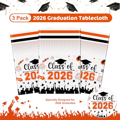 Image of Graduation Decorations Class of 2026 Tablecloth - 3 Pcs Plastic Congrats Grad Table Cloth, Graduation Table Cover for Graduations Party Decorations 2026 and Party Supplies, 54 inchx108 inch (Orange and Black)