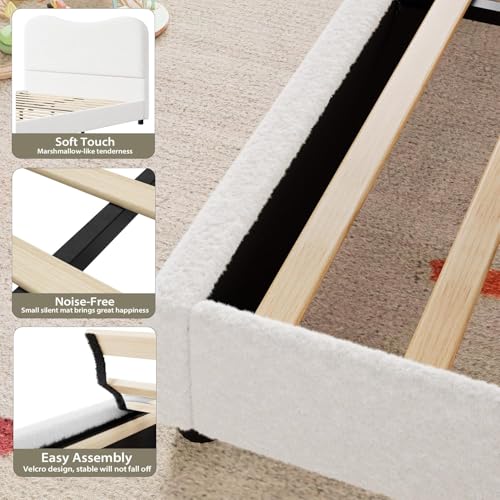 GarveeHome Twin Bed Frame for Kids with Velvet Upholstered Headboard, Cute Low Profile Platform Bed for Girls and Boys, No Box Spring Needed, Strong Wooden Slats, Noise Free, Easy Assembly, White