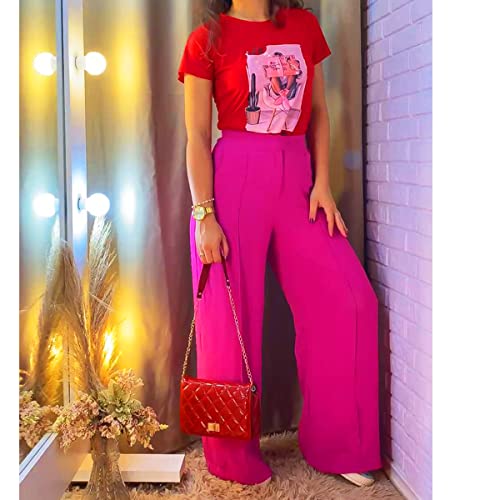 Calça Pantalona Alfaiataria Feminina Social Tecido Wide Leg Cor:Rosa;Tamanho:P