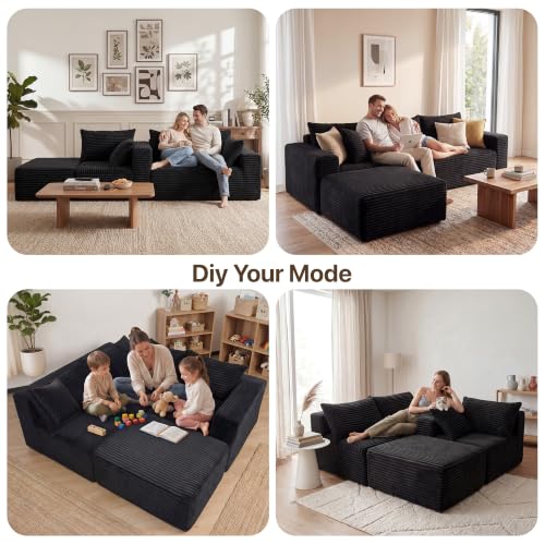 Image of Claiks 104 inch Boneless Couch, L-Shape Corduroy Sectional Sofa, Black