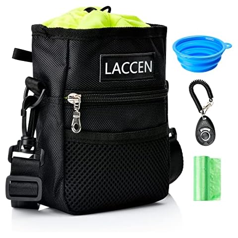 LACCEN Dog Treat Pouch, with Poop Bag & Collapsible Travel Pet Bowl & Doggie Clicker, Built-In Poo Waste Bag Dispenser & Adjustable Waistband Dog Walking Bag, Dog Treat Bag for Training Cover