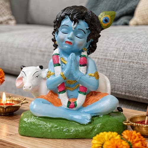 Image of Premium Bal Krishna Resin Idol for Car Dashboard, Home Temple & Office (7 x 6.5 x 4.5 cm) | Handcrafted Laddu Gopal Murti Showpiece for Vastu, Peace & Protection (Color: Blue)