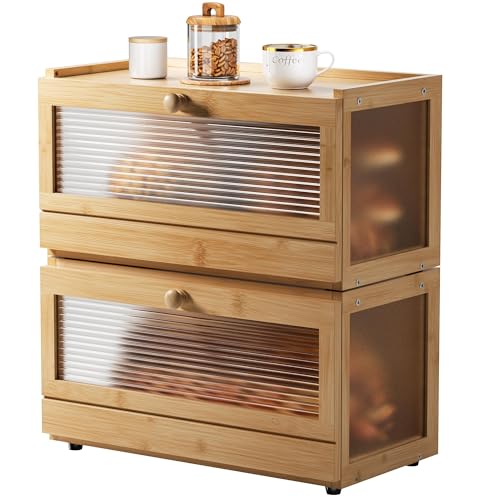 TidyBa Stackable Bread Box for Kitchen Countertop, 2 Tier Bamboo Bread Storage Container Holder Bin for Baked Goods Snacks Farmhouse Breadbox with Acrylic Window for Pantry Cabinet Cupboard, Natural