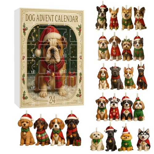 Adventskalender 2025 mit 24 Hunde-Figuren - Weihnachtskalender mit Hundestatuen in Festlicher Kleidung, Tägliche Überraschung vom 1. bis 24. Dezember für Familien (24-tlg Set)