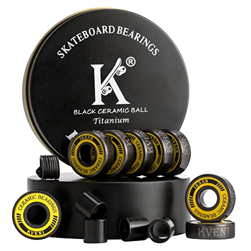 Premium Skateboard Bearings, 608rs Longboard Bearing Black Ceramic Balls - Titanium Coated - Precision Fast Spin ABEC Bearings with Washers and Spacers (Pack of 8)