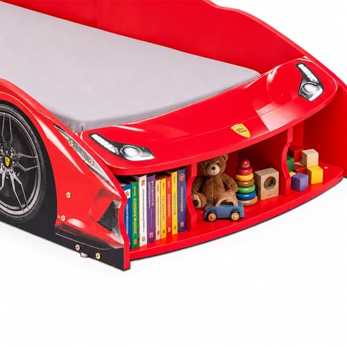 Image of Alex Daisy Kids Racing Car Bed with Front Bookshelf | Engineered Wood Toddler Bed for Boys & Girls | Sports Car Design | Fits 140 x 70 cm Mattress | Child Bed Up to 8 yr or 50 kgs (with Mattress)