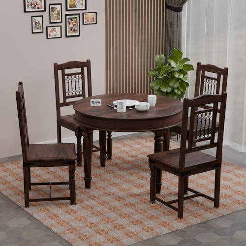 SHREE JEEN MATA ENTERPRISES Solid Sheesham Wood 4 Seater Round Dining Table Set with Chairs | Wooden Dining Set for Home | Kitchen & Dining Room | Finish Color - Walnut Finish |