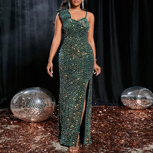 Image of Cololura Women Sexy Elegant Sequin High Split Ruffled Hem Mermaid Party Cocktail Bodycon Formal Evening Gowns Maxi Dress