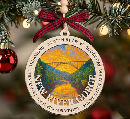 IrmaShops New River Gorge National Park Wooden Ornament - 2 Layer Christmas Keepsake - U.S. Parks Travel Souvenir - Gift for Hikers - 2X4 Inch Wood Décor