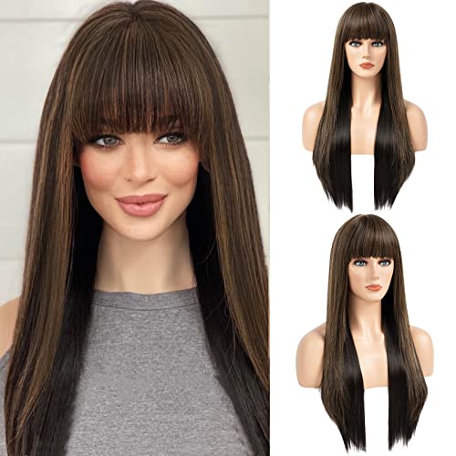 LONAI Long Brown Wig with Bangs for Women Straight Layered Mixed Brown Synthetic Hair Wig for Daily Use Party