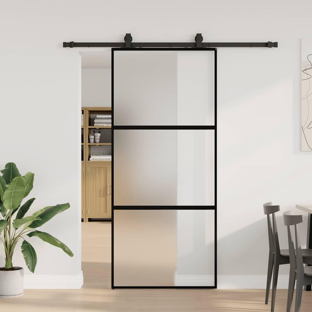ACAGALA Glasschiebetür Komplettset 90x205 cm, Schiebetürsystem Inkl. Schiebetürbeschlag, Zimmertüren Schiebetür aus Hartglas, Gleitschiene 183, Schwarz und matt