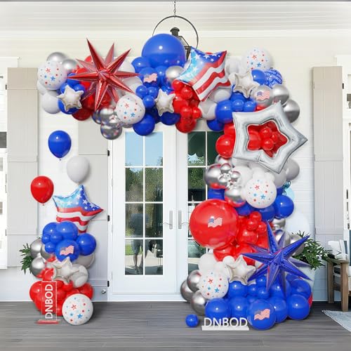 Image of 147Pcs Red White and Blue Independence Day Balloon Garland Arch Kit,with Explosion Star,Flag Foil Balloons for 4th of July Patriotic Memorial Veterans Baseball Nautical Birthday Party Decorations