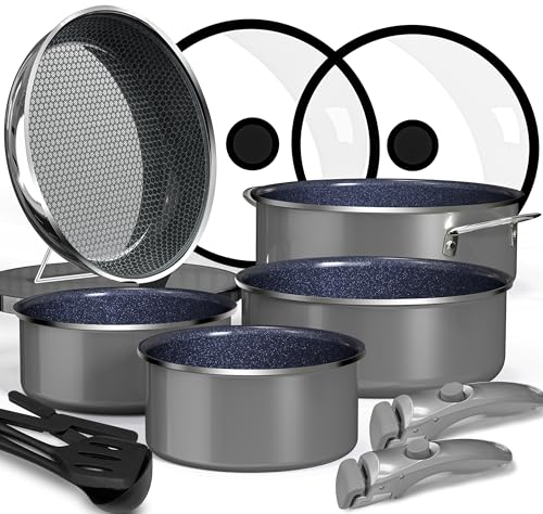 Pro DUXANO - Juego de 12 sartenes híbridas de acero inoxidable de 3 capas y sartenes antiadherentes, para cocinar y freír a altas temperaturas, utensilios de cocina de inducción de cerámica de 2 capas