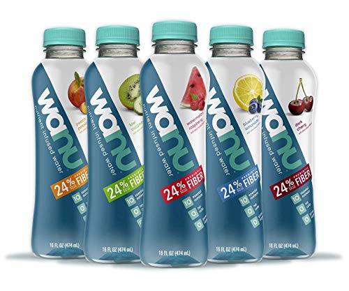 wanu water, Prebiotic Fiber & Nutrient Infused Flavored Water w/Gut Health & Immunity Benefits, 100% Vitamin B12 for Natural Energy, Variety Pack, 16oz Bottles (Pack of 12), Assortment of Flavors May Vary