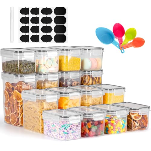 Cinnani Botes Cocina Almacenaje, Juego de 16 Piezas, Recipientes para Alimentos de Plástico Sin BPA, Botes Cocina Hermeticos Contenedores para Cereales, Pasta, Arroz, Harina, Granos(2L 1.4L 0.8L)