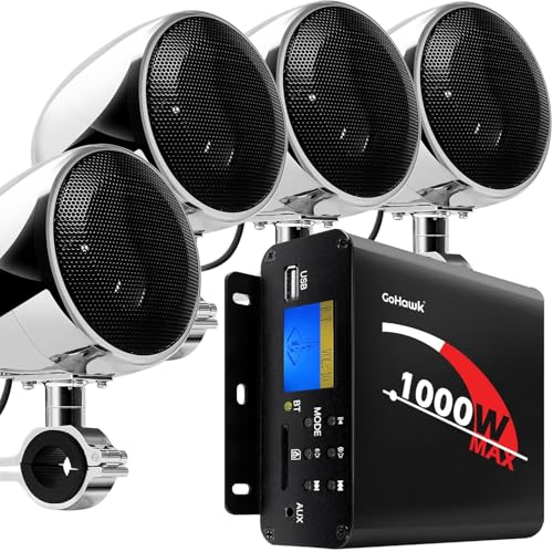 GoHawk Motorcycle Speakers and Amplifier Audio Sound System, 1000W Bluetooth Weatherproof 4 Inch Radio Audio System AUX USB SD FM Radio, Volume Control, ATV UTV Compatible