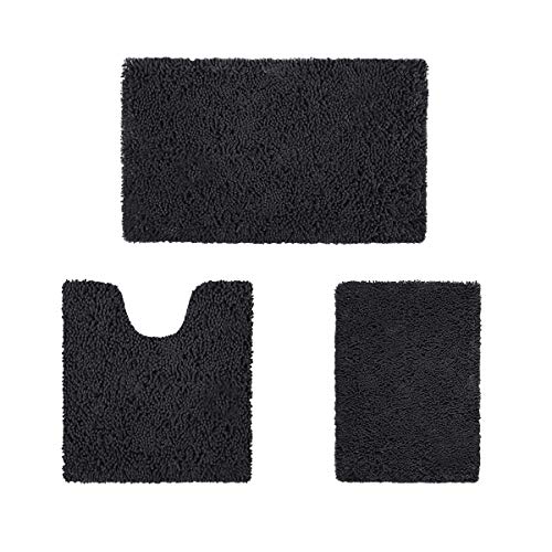 HOMEIDEAS 3 Pieces Bathroom Rugs Set Ultra Soft Non Slip and Absorbent Chenille Bath Rug, Black Christmas Bathroom Rugs Plush Bath Mats for Tub, Shower, Bathroom