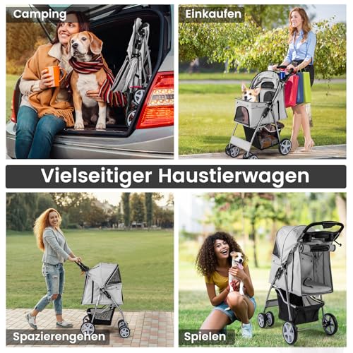 COSTWAY Hundewagen Haustiere Buggy, bis 15 kg, Hundebuggy mit Netzfenstern & Getränkehalter & Korb & Sonnenschutz, Faltbarer Katzenwagen, Katzenbuggy für kleine Hunde Katzen (Grau)