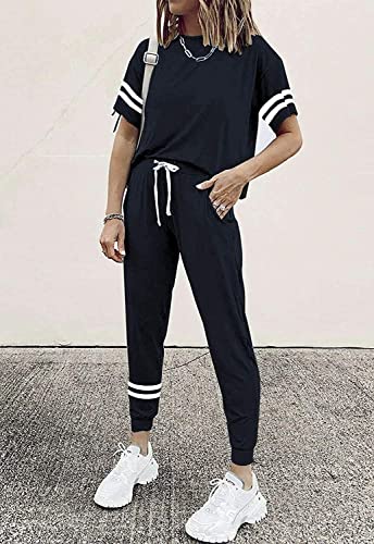 Image of PRETTYGARDEN Women's Two Piece Outfits Striped Short Sleeve Pullover and Long Pants Tracksuit Pajama Lounge Jogger Sets