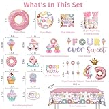 180pcs Four Ever Sweet Birthday Decorations Serves 25, All-in-one Set with Banner, Hanging, Tableware, Tablecloth, Balloons, Cupcake Topper, Etc. for 4th Birthday Decorations Girl