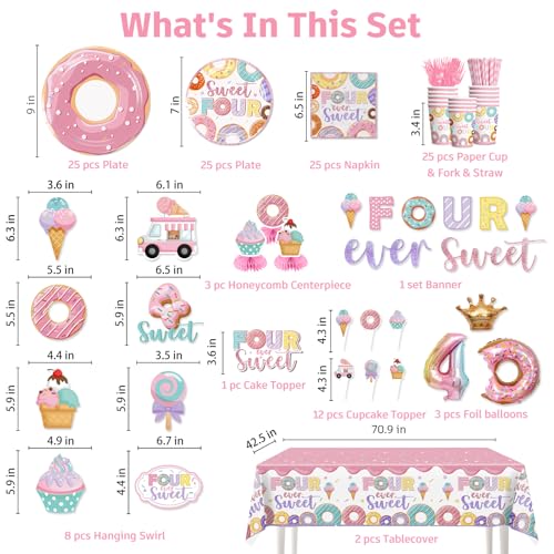 180pcs Four Ever Sweet Birthday Decorations Serves 25, All-in-one Set with Banner, Hanging, Tableware, Tablecloth, Balloons, Cupcake Topper, Etc. for 4th Birthday Decorations Girl