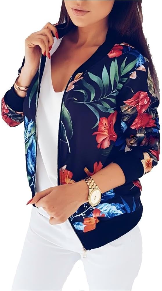 Chvity Womens Floral Jackets Zip Up Crewneck Long Sleeve Coat Lightweight Crop Casual Fall Spring Cardigan Top