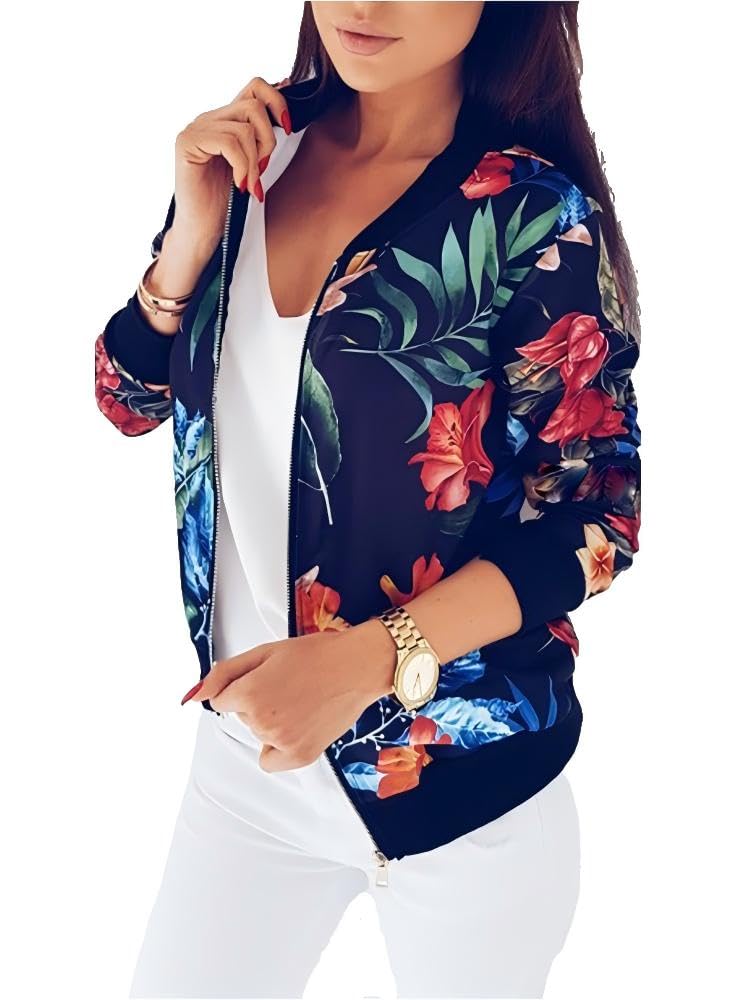Chvity Womens Floral Jackets Zip Up Crewneck Long Sleeve Coat Lightweight Crop Casual Fall Spring Cardigan Top