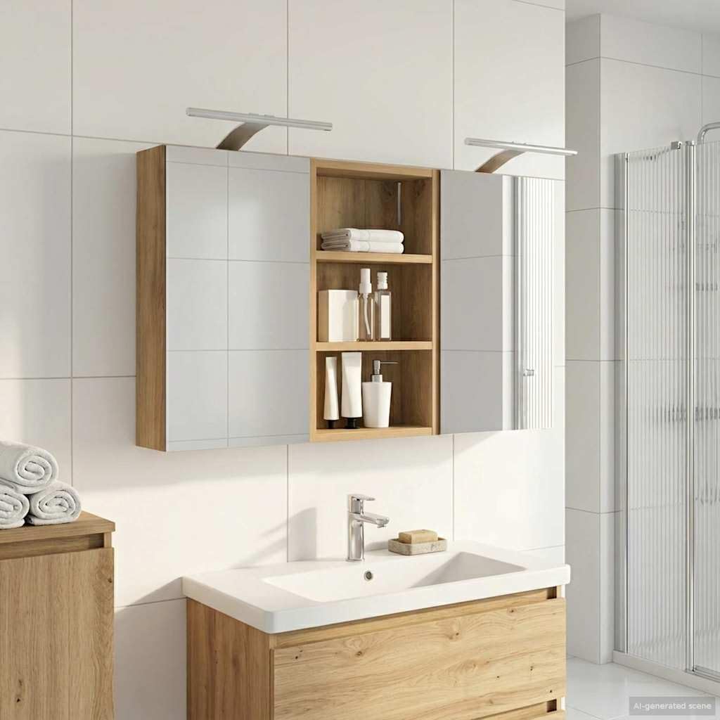 Set di armadietti da bagno in legno, 3 pezzi, 90 x 10,5 x 50 cm, con montaggio a parete e illuminazione a LED, specchio bidirezionale, con ripiani, salvaspazio per mobili da bagno e