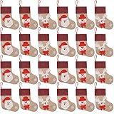 Ivenf Christmas Mini Stockings, 24 Pcs 7 inches Burlap 3D Santa Snowman Reindeer Stockings, Gift Card Silverware Holders, Bulk Treats for Neighbors Coworkers Cats Dogs, Small Rustic Xmas Tree Decor