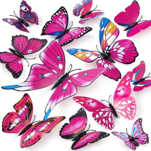 LiveGallery 72 PCS Removable 3D DIY Beautiful Butterfly Wall Decals Colorful Butterflies Art Decor Wall Stickers Murals for Home Nursery Bedroom Classroom Offices TV Background Rose red