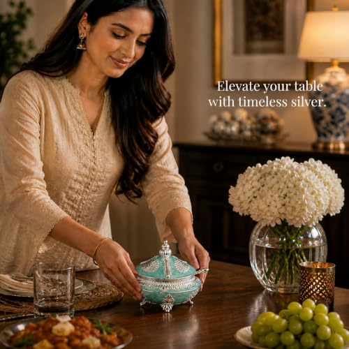 Image of Diviniti Silver Plated Peacock Sugar Pot with Lid | Decorative Storage Jar for Sugar, Mouth Fresheners & Small Essentials | Luxury Home Decor Item for Kitchen, Dining Table & Gifting (Teal Green)
