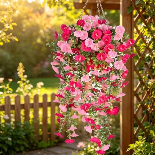 ZYNCOTA 4 Piezas de Flores Artificiales Colgantes Exterior, 4 Unidades, Color Rosa, para Interior y Exterior, 75 cm (Rosa roja + Rosa Claro)