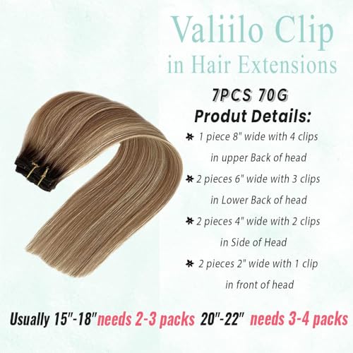 Image of Clip in Hair Extensions Real Human Hair 7 Pcs Golden Brown Mixed 613 Blonde Highlights Human Hair Extensions Clip ins Medium Brown Roots Human Hair Clip in Extensions 22 Inch 70g, #4T12P613