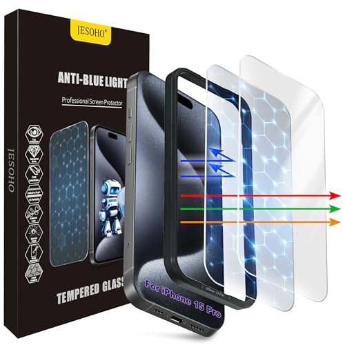 JESOHO Screen Protector for iPhone 15 Pro [6.1 Inches] 2 pcs Colorless Anti-Blue Light Tempered Glass Films HD Clear 9H Hardness No Bubbles Case Friendly